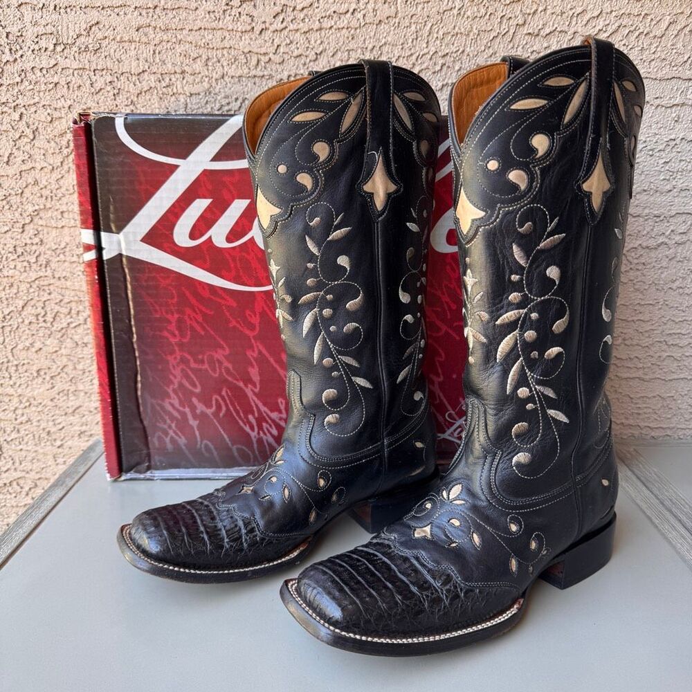 Lucchese Sherilyn Boots Womens 9 Black Embroidered Caiman Exotic Western Cowgirl